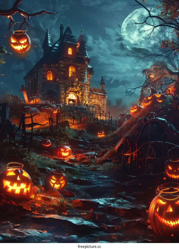 Eerie Halloween Castle with Pumpkin Lanterns