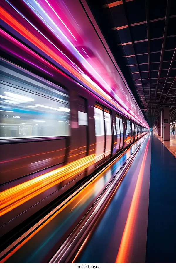 A subway train speeds through a station with a blurred background