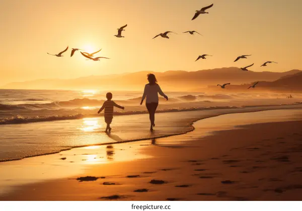 Mother and son running on beach at sunset with seagulls flying overhead