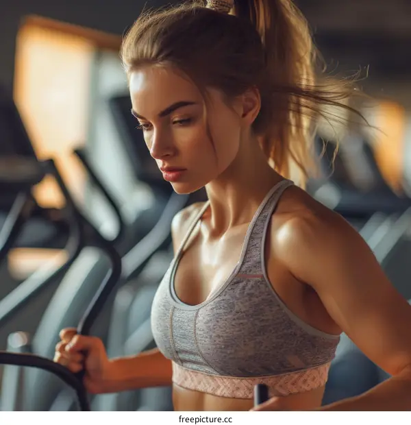 A woman in a gray sports bra and black ponytail is working out on an elliptical machine.