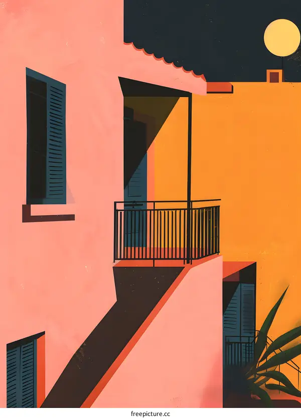 Minimalist Illustration of Colorful Building Facade with Balcony