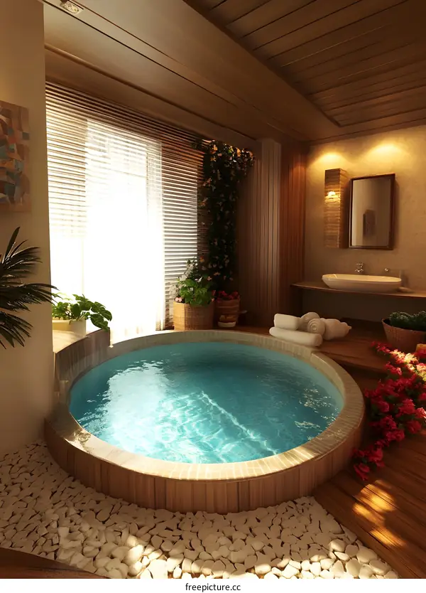 Luxury Bathroom Interior Design with Hot Tub and Plants