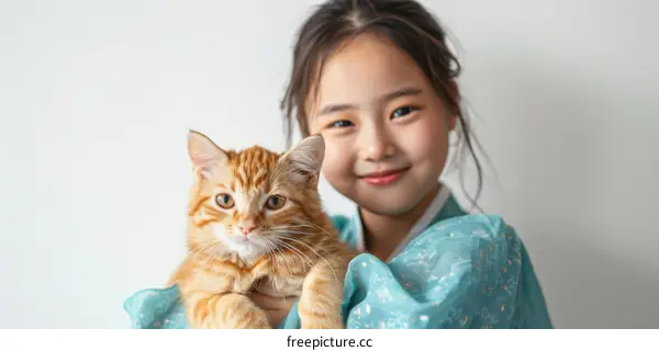 Little Asian girl hugging an orange cat