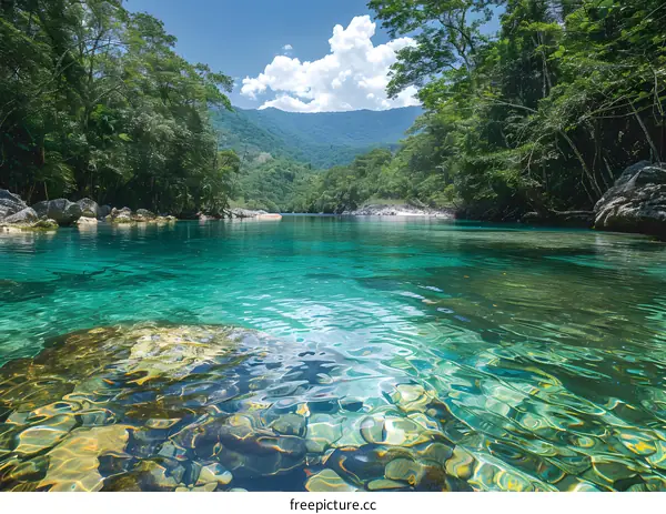 River in the jungle with green trees and blue sky
