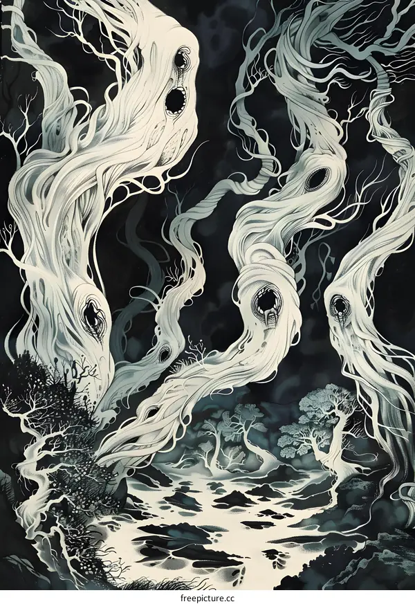 Dark Fantasy Illustration with Twisted Trees