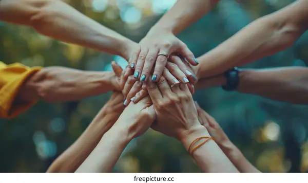 Multiracial group of people joining hands together in unity and support