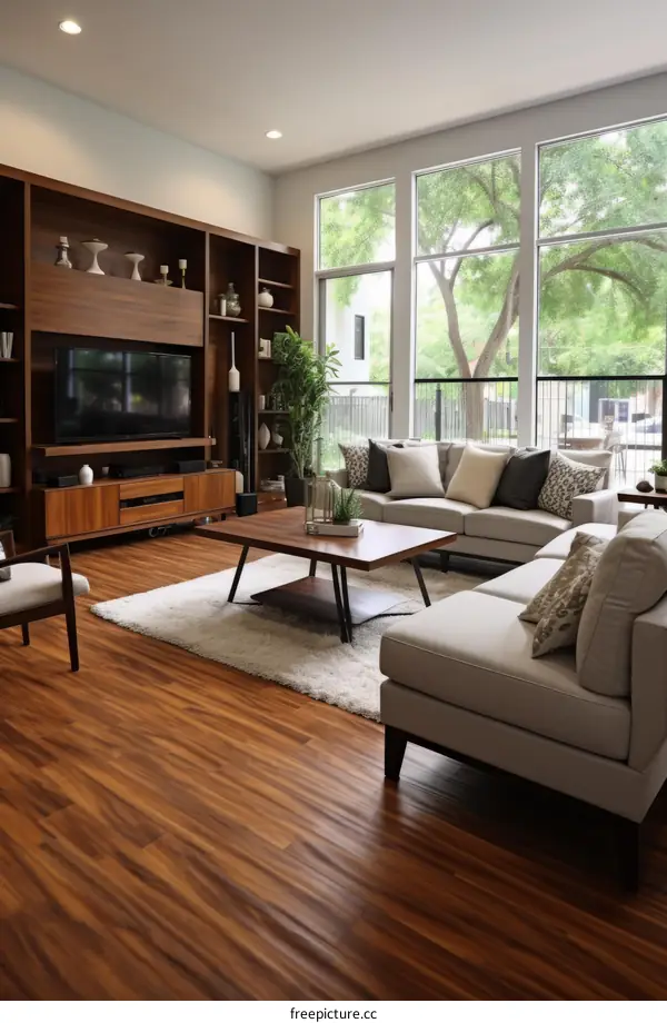 Modern living room interior design with large windows and stylish furniture