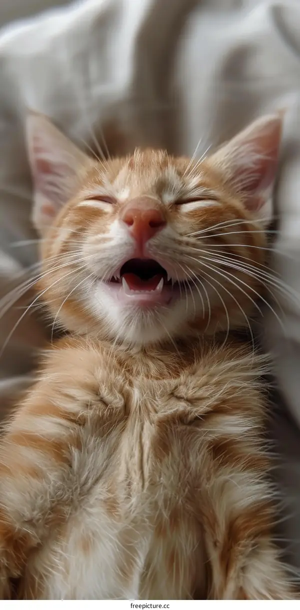 A ginger kitten is lying on its back with its mouth open and its eyes closed