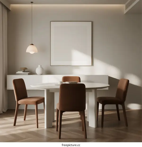 Modern Dining Room Interior with White Table and Brown Chairs