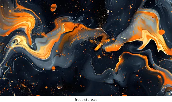 Orange and Gray Fluid Acrylic Painting on Black Background