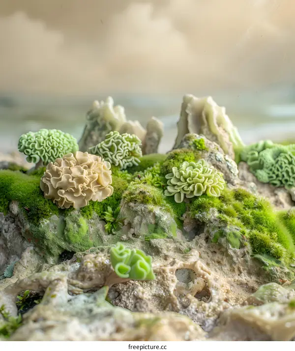 Green Moss And White Coral On The Beach