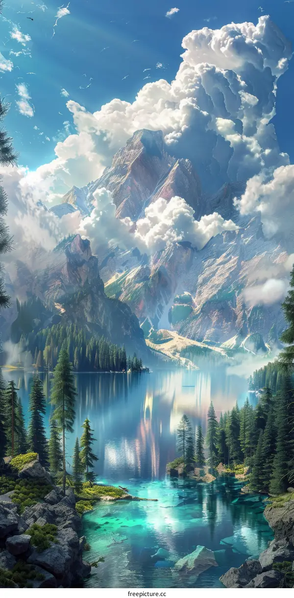 Majestic Mountain Lake Scenery Illustration