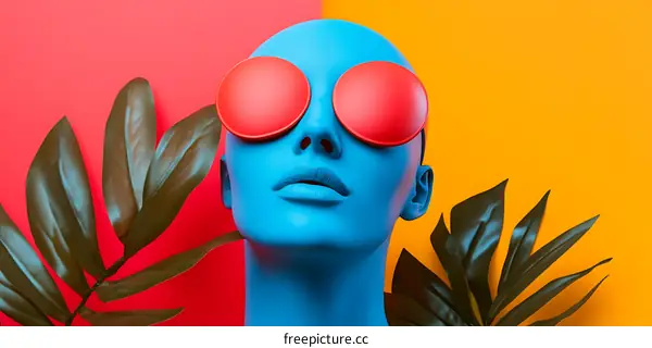 Blue Mannequin Wearing Large Red Sunglasses Surrounded by Lush Green Leaves Against a Vibrant Red and Orange Background