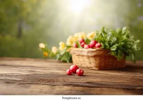 Fresh Spring Vegetables in a Basket on Wooden Table