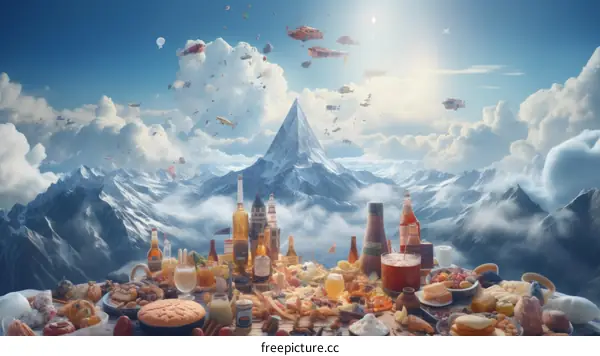 Surreal Mountaintop Feast with Floating Delights