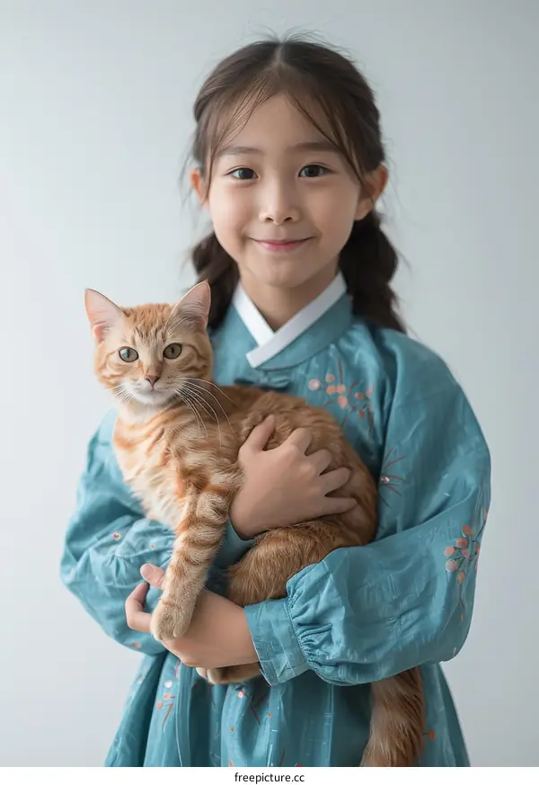 Asian girl in blue traditional dress holding an orange cat