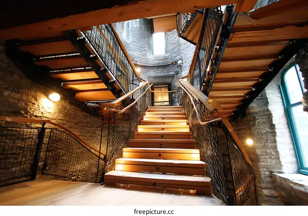 Wooden Staircase in a Stone Building Interior