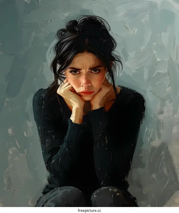 Portrait of a young woman with brown hair and brown eyes. She is wearing a black sweater and has her hands on her face.