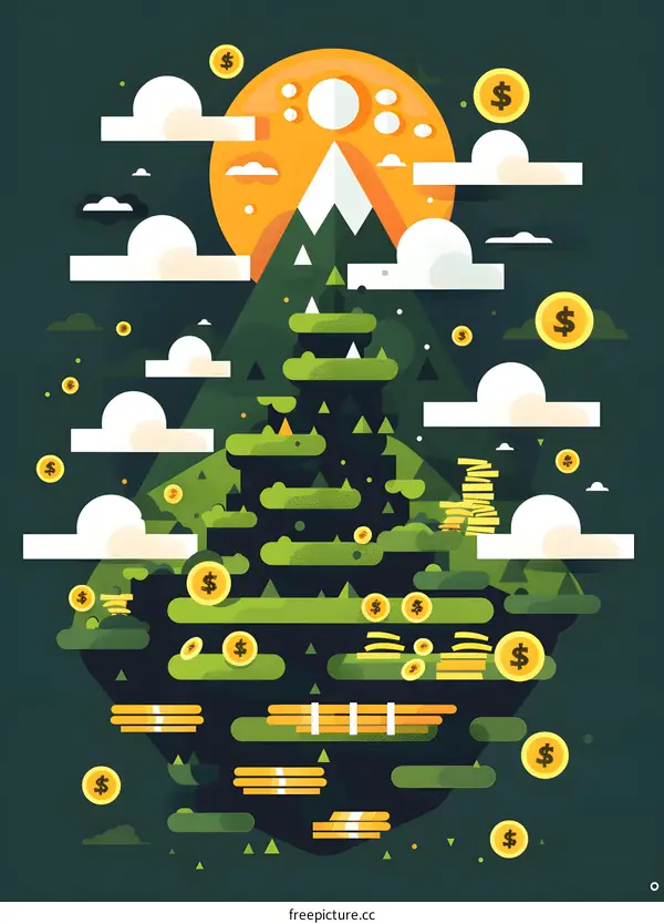 Mountain With Gold Coins and Clouds in the Sky