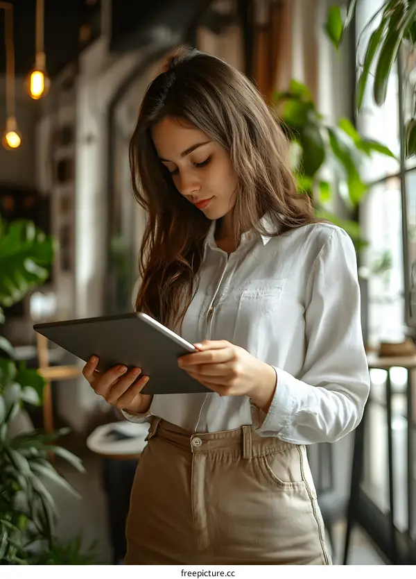 Young Woman Using Tablet in a Cafe