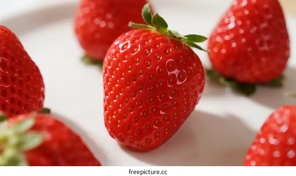 Fresh Ripe Strawberries with Green Leaves on White Plate