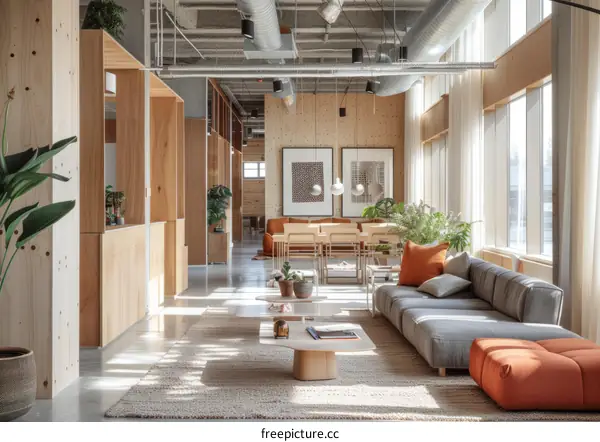 Modern Commercial Office Interior Design, Wood Wall, Plants, Sofa