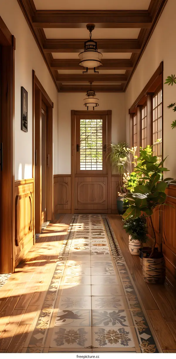 Sunlit Hallway With Intricate Tilework