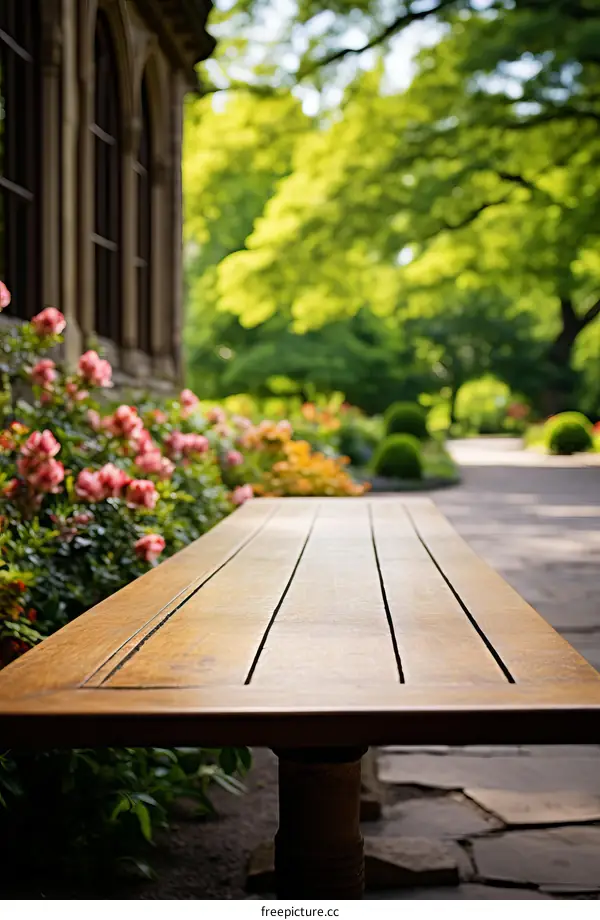 Wooden table in a beautiful garden with pink flowers and green trees in the background