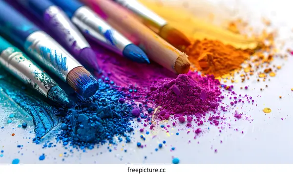 Closeup of Colorful Makeup Brushes and Powder