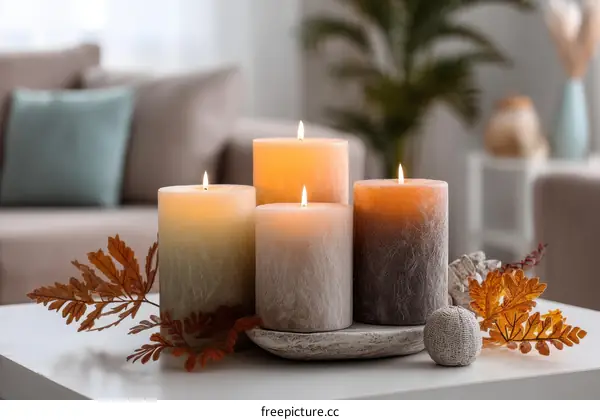 Autumn Candles on a White Table