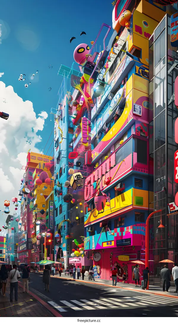 Colorful Futuristic City Street with People