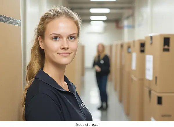 Confident Caucasian Woman in Warehouse Setting