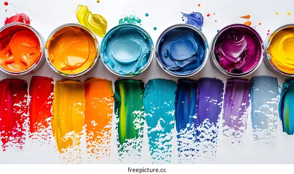 Colorful Paint Swatches and Cans on White Background