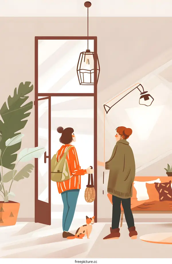 Two Women Greeting Each Other at the Entrance of a Home