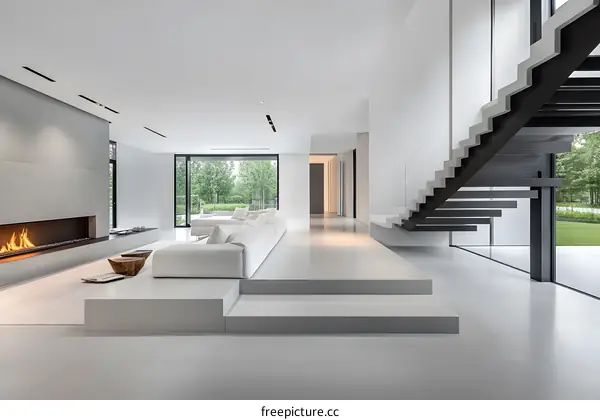 Modern Minimalist Living Room Interior Design With Concrete Walls And Fireplace