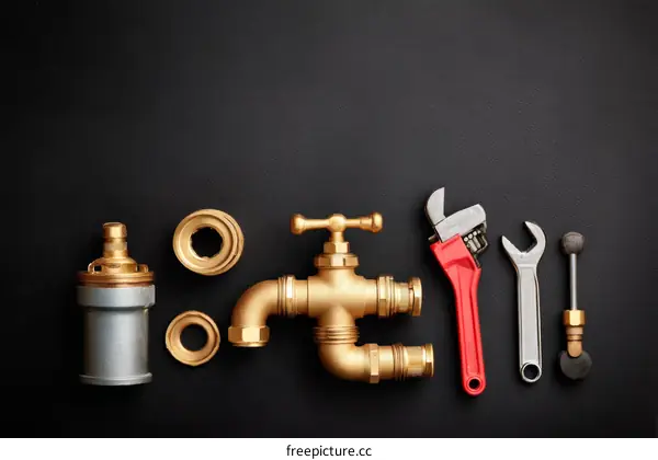Plumbing Tools and Supplies on Dark Background