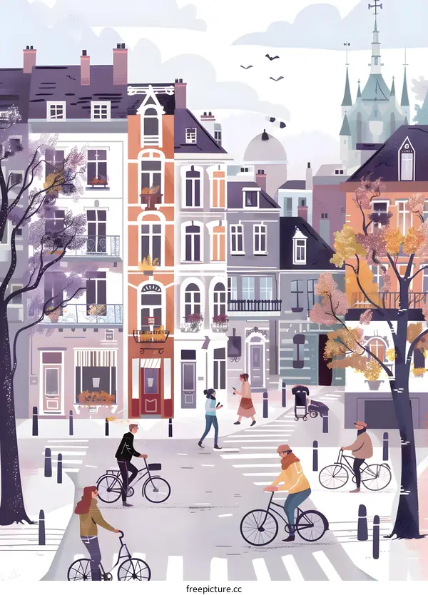 European City Street with Cyclists and Pedestrians