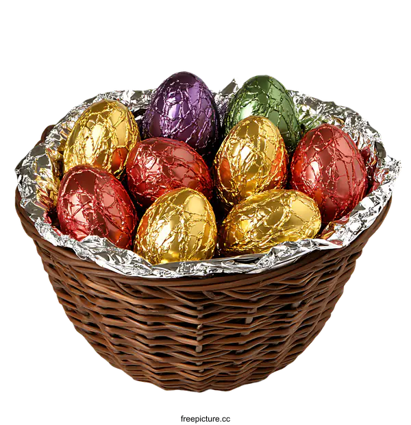 [Transparent Background PNG]Colorful Chocolate Easter Eggs in Wicker Basket