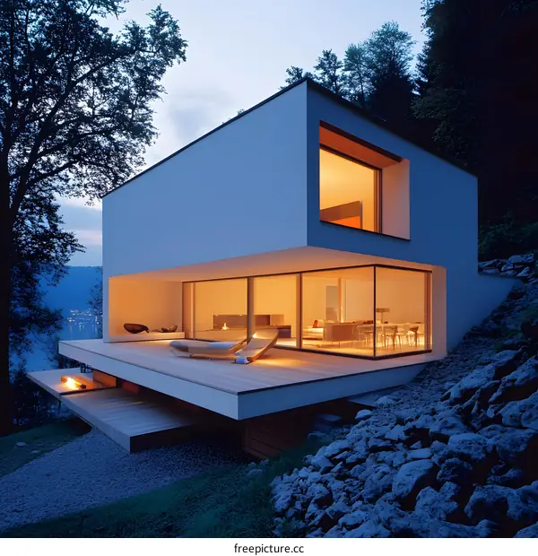 Modern Architecture House with Large Windows Overlooking Mountain Landscape