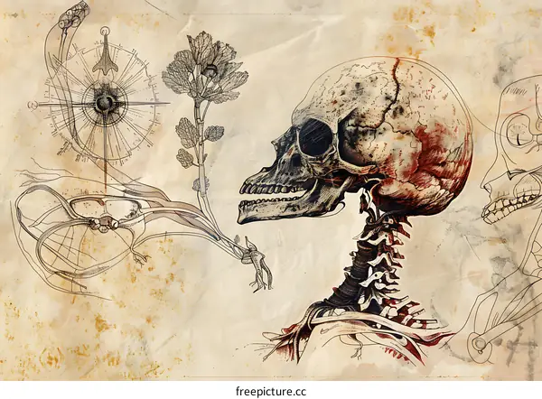 Vintage Illustration of a Human Skull and Anatomy