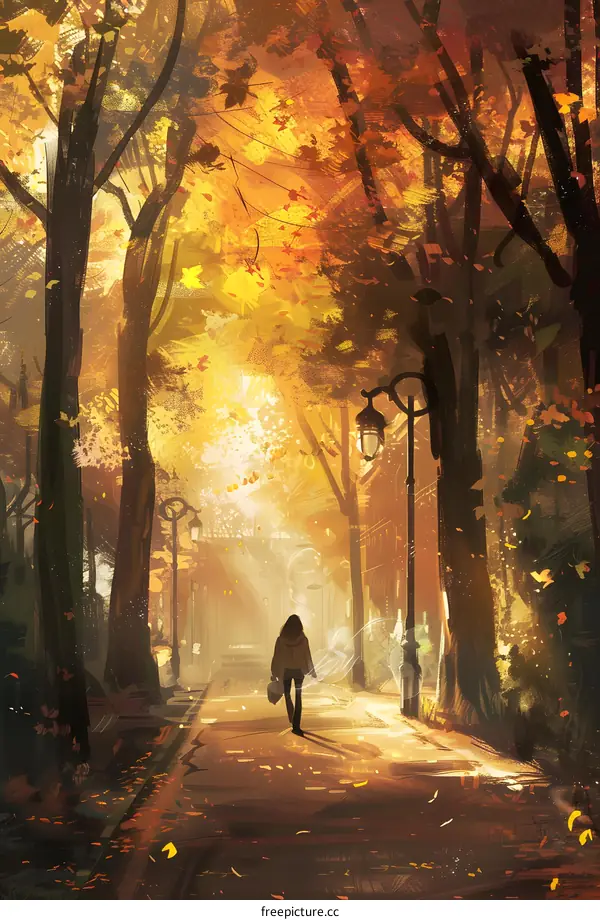 Autumn Leaves Falling on a Pathway in a City