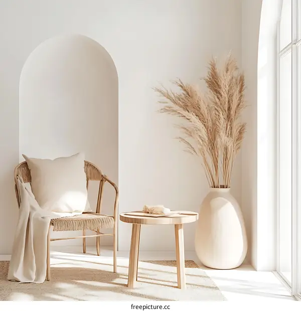 Minimalist Living Room With White Walls And Natural Elements