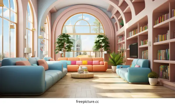 A beautiful living room with a large window, a pink sofa, and a blue sofa.