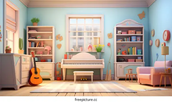 Colorful Playroom with Piano, Guitar & Bookshelves