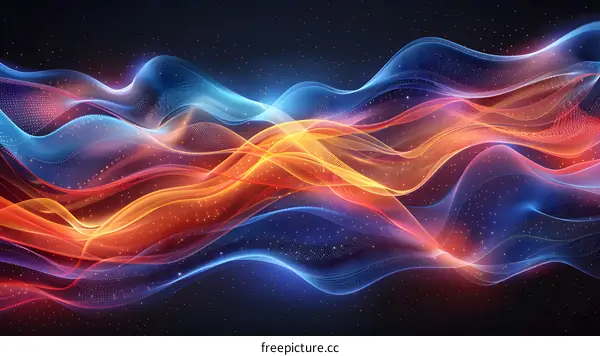 Wavy ribbons of blue and orange light against a dark background