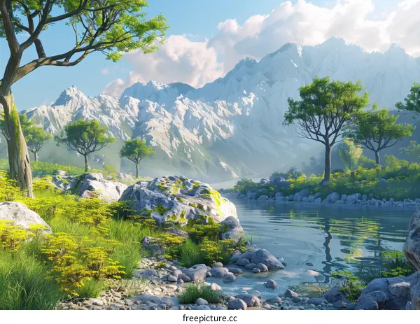 Breathtaking Landscape with Majestic Mountains, Sparkling River, and Verdant Trees
