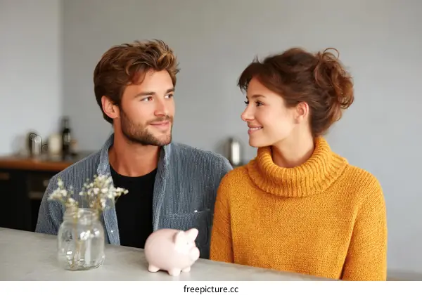 Couple Planning Future Finances with Piggy Bank