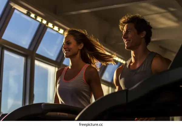 Couple exercising on a treadmill and smiling at each other