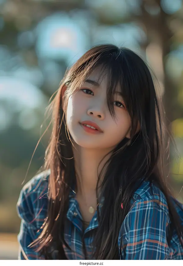 Portrait of a Young Asian Woman in a Plaid Shirt