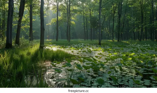 The sun shines through the forest and shines on the swamp